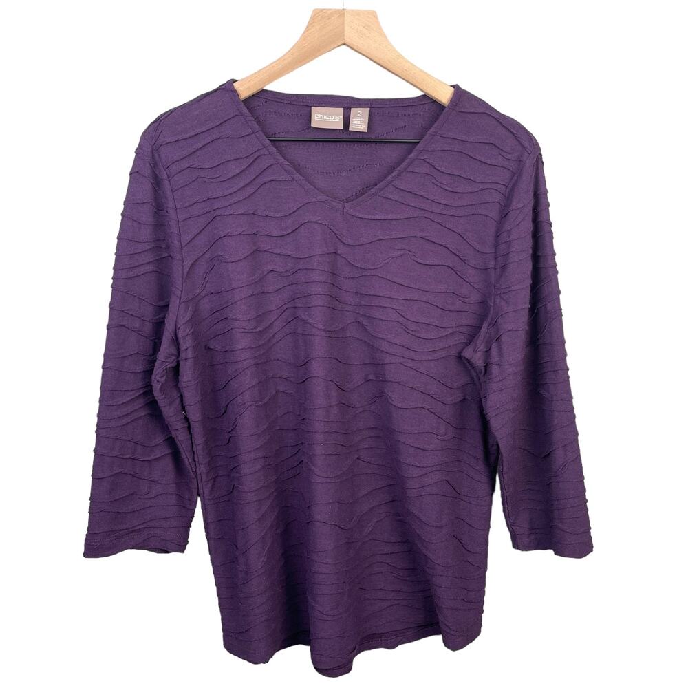 Chico's‎ Blouse Women Large Purple V-neck Solid Textured Top3/4 Sleeve Relax Fit